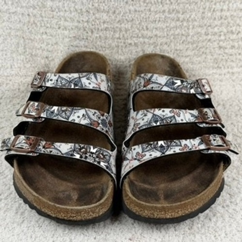 Birkenstock Florida Sandals Womens Size 37 Grey White Mandala Floral 3-Strap
